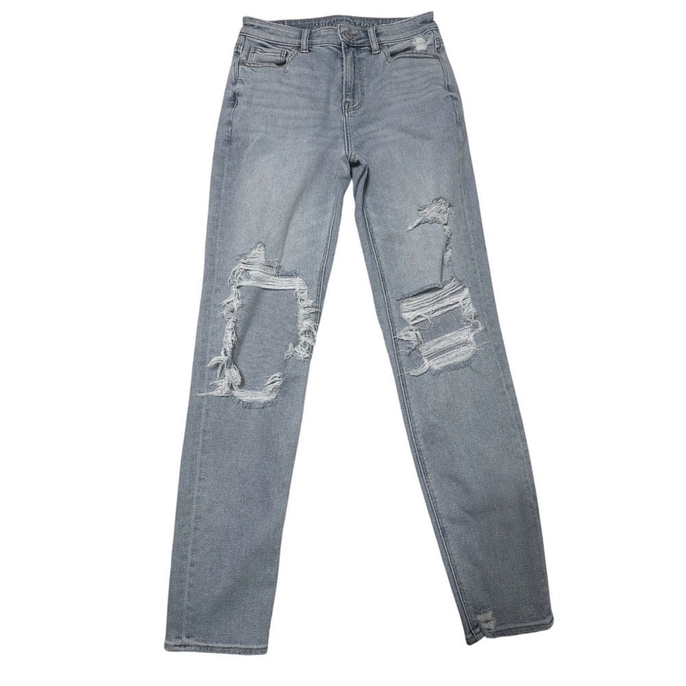 American Eagle Mom Jeans Light Wash Distressed High Rise Size 0 Long Stretch